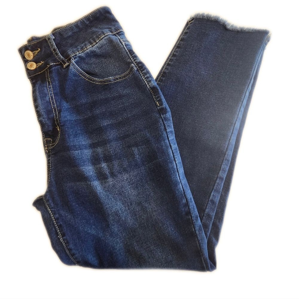 Amazon Straight Jeans, High Waist, Zip & Double Button, Dark Wash, Rough Hem, 8